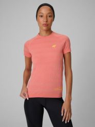 4F Koszulka trekkingowa regular szybkoschnąca damska - pomarańczowa XS/S. Czerwone bluzki damskie 4f, l, bez wzorów, z materiału, wizytowe, bez kołnierzyka, bez ramiączek. Za 99.99 zł.