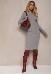 Szara Dopasowana Sukienka z Prążkowanej Dzianiny z Wiskozą Zdobiona Guzikami Zinlivira. Szare sukienki damskie Renee, na co dzień, m, z aplikacjami, z dzianiny, eleganckie, bez kołnierzyka, bez ramiączek, midi, dopasowane. W wyprzedaży za 79.99 zł.