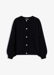 Sweter rozpinany z dekoracyjnymi guzikami. Czarne kardigany damskie bonprix, bez wzorów, z dzianiny. Za 129.99 zł.
