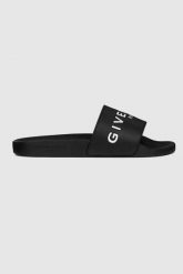 GIVENCHY Czarne klapki damskie z białym logo. Czarne klapki damskie Givenchy, bez wzorów, bez obcasa. W wyprzedaży za 799.99 zł.