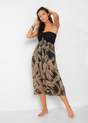 Sukienka plażowa z szyfonu, z dekoltem bandeau. Czarne sukienki damskie bonprix, na plażę, bez wzorów, z szyfonu, eleganckie, bez kołnierzyka, bez ramiączek. Za 118.99 zł.