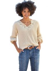 Heine Sweter w kolorze beżowym rozmiar: 38. Brązowe swetry klasyczne damskie Heine, z bawełny, bez kołnierzyka. Za 91.34 zł.