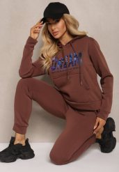 Brązowy Ocieplany Komplet Dresowy Bawełniany Spodnie Joggery i Bluza Zdobiona Nadrukiem Filoira. Brązowe bluzy z kapturem damskie Renee, m, z bawełny. Za 84.99 zł.