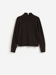 Wełniany sweter z dodatkiem kaszmiru - ciemnobrązowy. Brązowe swetry klasyczne damskie Reserved, l, z kaszmiru, bez kołnierzyka. Za 399.99 zł.