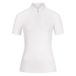 Damska koszulka polo na zawody ELT Paola. Białe bluzki damskie ELT, bez wzorów, eleganckie, bez kołnierzyka, bez ramiączek. Za 254.50 zł.