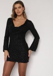 Czarna Fakturowana Sukienka o Dopasowanym Kroju z Dekoltem Woda Silwedina. Czarne sukienki damskie Born2be, na imprezę, m, bez wzorów, bez kołnierzyka, bez ramiączek, dopasowane. Za 179.99 zł.