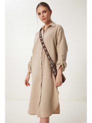 Happiness Istanbul Sukienka koszulowa w kolorze beżowym rozmiar: 38. Brązowe sukienki damskie Happiness Istanbul, bez wzorów, z bawełny, bez kołnierzyka, bez ramiączek, midi, koszulowe. Za 109.26 zł.