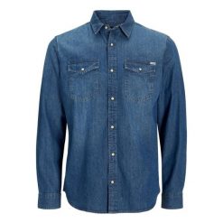 Koszula Jack & Jones Heridan średni niebieski denim. Niebieskie koszule męskie Jack&Jones, bez wzorów, z denimu, bez kołnierzyka, bez ramiączek. Za 190.35 zł.