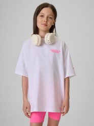 4F T-shirt loose z nadrukiem dziewczęcy - biały 134/140 (8-10 lat). Białe koszulki dziewczęce 4f, bez wzorów, z bawełny, bez ramiączek. Za 59.99 zł.