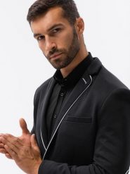 Elegancka marynarka męska z kontrastową lamówką - czarna V3 - Rozmiar: XXL. Czarne marynarki męskie Ombre Clothing, bez wzorów, z bawełny. W wyprzedaży za 99.99 zł.