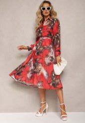 Czerwono-Brązowa Rozkloszowana Sukienka Midi z Paskiem z Klamrą Qirvina. Czerwone sukienki damskie Renee, na co dzień, l, bez wzorów, eleganckie, bez kołnierzyka, bez ramiączek, midi, proste. W wyprzedaży za 41.99 zł.