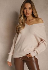 Beżowy Sweter z Dodatkiem Kaszmiru i Trójkątnym Dekoltem Silefera. Brązowe swetry klasyczne damskie Renee, z jeansu, bez kołnierzyka. Za 99.99 zł.