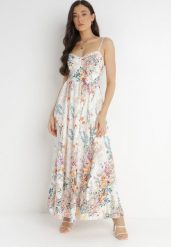 Biała Sukienka Megeusa. Białe sukienki damskie Born2be, m, bez wzorów, bez kołnierzyka, bez ramiączek, maxi, dopasowane. Za 169.99 zł.