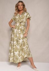 Zielona Sukienka w Listki z Elastyczną Gumką w Talii i Wiązanym Paskiem Jaliren. Zielone sukienki damskie Renee, na co dzień, l, bez wzorów, eleganckie, bez kołnierzyka, bez ramiączek, maxi, kopertowe. Za 89.99 zł.