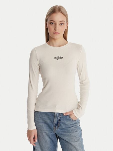 Guess Jeans Bluzka W6RP22 KA0H1 Écru Slim Fit. Bluzki damskie Guess Jeans, m, z aplikacjami, z bawełny, bez ramiączek. Za 169.99 zł.