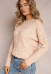 Jasnopomarańczowy Sweter z Okrągłym Dekoltem i Splotem w Warkocze Dawnitta. Brązowe swetry klasyczne damskie Renee, z dzianiny, bez kołnierzyka. Za 79.99 zł.