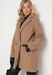 Brązowy Płaszcz Boucle Dwurzędowy z Kieszeniami Enathe. Brązowe płaszcze damskie Born2be, l, z aplikacjami, z jeansu, biznesowe. Za 209.99 zł.