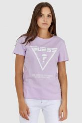 GUESS Fioletowy t-shirt damski z białym logo, Rozmiar S. Fioletowe t-shirty damskie Guess, s, z aplikacjami, bez kołnierzyka. W wyprzedaży za 129.99 zł.