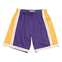 Krótki Los Angeles Lakers nba. Fioletowe szorty męskie Mitchell & Ness, bez wzorów, eleganckie. Za 428.00 zł.