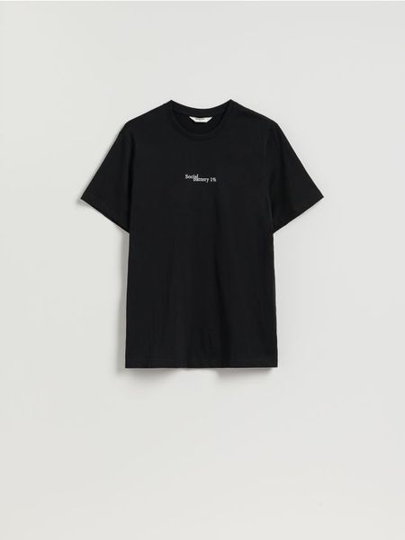 T-shirt regular fit z nadrukiem - czarny. Czarne t-shirty męskie Reserved, l, bez wzorów, z bawełny, bez kołnierzyka. Za 59.99 zł.