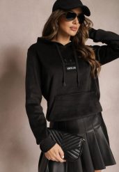 Czarna Ocieplona Bluza Welurowa o Fasonie Kangurki z Napisem Meluia. Czarne bluzy z kapturem damskie Renee, l, z polaru. Za 99.99 zł.