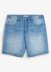 Lekkie szorty jeansowe z elastyczną wstawką w talii, relaxed fit. Niebieskie szorty męskie bonprix, z jeansu, bez kołnierzyka. Za 37.99 zł.