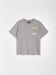 Bawełniana koszulka z motywem halloweenowym Mickey Mouse - szary. Szare t-shirty damskie Sinsay, l, bez wzorów, z bawełny, bez kołnierzyka. Za 29.99 zł.