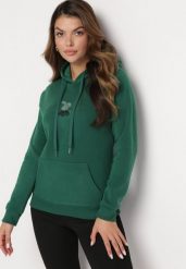 Zielona Ocieplona Bluza Kangurka z Kapturem i Pluszową Naszywką Dysineia. Zielone bluzy z kapturem damskie Born2be, xl, z polaru. Za 84.99 zł.