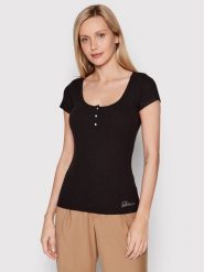 Guess Bluzka W2YP24 KBCO2 Czarny Slim Fit. Czarne bluzki damskie Guess, xs, z aplikacjami, z wiskozy, bez ramiączek. Za 132.00 zł.