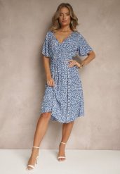 Niebieska Rozkloszowana Sukienka z Bawełny Zdobiona Kwiatowym Printem Arirelle. Niebieskie sukienki damskie Renee, na imprezę, na lato, l, z aplikacjami, z bawełny, eleganckie, bez kołnierzyka, bez ramiączek, midi, rozkloszowane. W wyprzedaży za 52.49 zł.