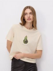 Bawełniany t-shirt z nadrukiem - jasnożółty. Żółte t-shirty damskie Reserved, l, bez wzorów, z bawełny, bez kołnierzyka. W wyprzedaży za 49.99 zł.