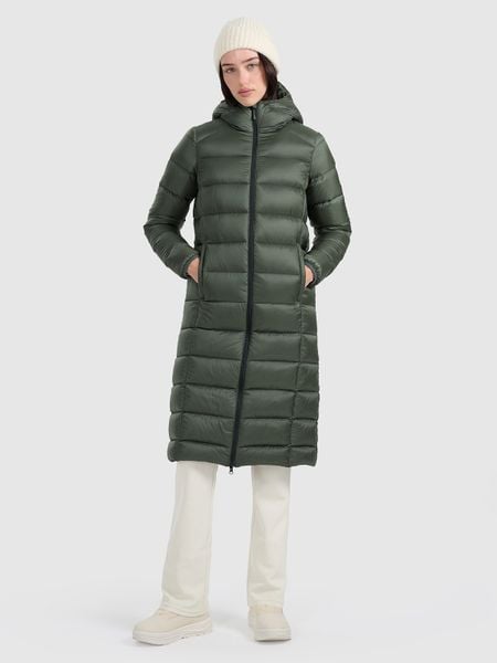 4F Płaszcz puchowy z wypełnieniem naturalnym damski - khaki L. Brązowe płaszcze damskie 4f, na zimę, l, bez wzorów, z materiału. Za 799.99 zł.