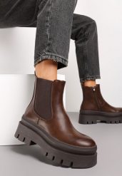 Brązowe Botki na Grubej Podeszwie z Protektorem Gabufa. Brązowe botki damskie Renee, z wełny, eleganckie, bez obcasa, na płaskiej podeszwie, bez zapięcia. Za 149.99 zł.
