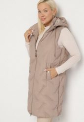 Jasnobeżowa Pikowana Kamizelka z Kapturem i Kieszeniami Esarivie. Brązowe kamizelki damskie Born2be, plus size, z jeansu. Za 149.99 zł.