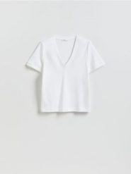 T-shirt z bawełny merceryzowanej - biały. Białe t-shirty damskie Reserved, l, bez wzorów, z bawełny, bez kołnierzyka. Za 79.99 zł.