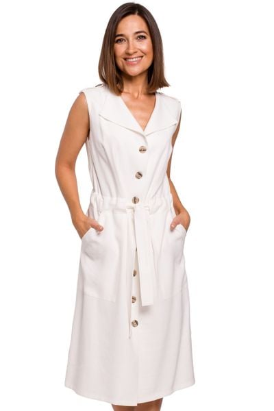 Sukienka koszulowa na lato szmizjerka midi z paskiem i guzikami ecru. Sukienki damskie Sukienki.shop, na co dzień, na lato, s, bez wzorów, z materiału, bez kołnierzyka, bez ramiączek, midi, koszulowe. W wyprzedaży za 259.00 zł.
