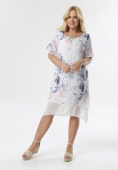 Biało-Niebieska Sukienka Coraeriel. Białe sukienki damskie Born2be, na imprezę, na lato, xl, bez wzorów, z asymetrycznym kołnierzem, bez ramiączek, midi, asymetryczne. W wyprzedaży za 63.99 zł.