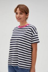 Bawełniana bluza w paski z krótkimi rękawami granatowa. Bluzy bez kaptura damskie MOODO, l, z bawełny. Za 79.99 zł.