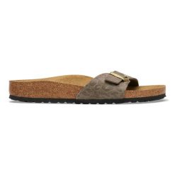 Birkenstock Madrid SYN Gray Taupe Klapki damskie. Szare klapki damskie Birkenstock, bez wzorów, z jeansu, bez obcasa. Za 369.99 zł.
