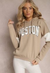 Beżowa Bawełniana Bluza z Kapturem w Amerykańskim Stylu z Napisem i Polarem Iocaste. Brązowe bluzy z kapturem damskie Renee, z bawełny. Za 79.99 zł.