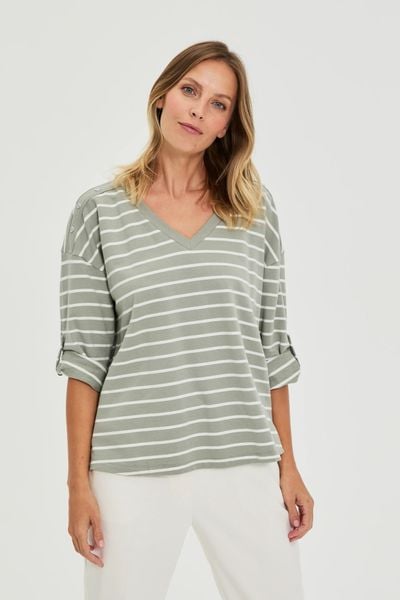 Bluza w paski oliwkowa. Zielone bluzy bez kaptura damskie MOODO, l, z bawełny. Za 99.99 zł.