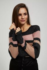 Sweter w paski z metaliczną nitką i okrągłym dekoltem czarny. Czarne swetry klasyczne damskie MOODO, l, z poliamidu, bez kołnierzyka. W wyprzedaży za 69.99 zł.
