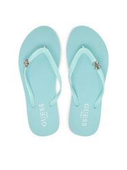 Guess Japonki E6GZ14 BB00F Turkusowy. Niebieskie klapki damskie Guess, z aplikacjami, z syntetyku, bez obcasa. Za 179.99 zł.