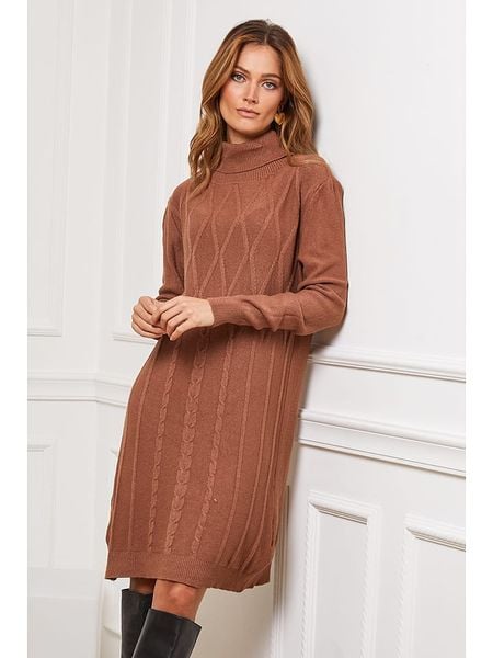 Joséfine Sukienka dzianinowa "Felicidad" w kolorze karmelowym rozmiar: S. Brązowe sukienki damskie Joséfine, na co dzień, s, bez wzorów, z dzianiny, bez kołnierzyka, bez ramiączek, midi, proste. Za 178.79 zł.
