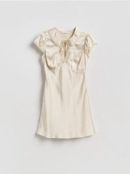 Sukienka mini - kremowy. Białe sukienki damskie Reserved, l, bez wzorów, z tkaniny, bez kołnierzyka, bez ramiączek, mini. Za 159.99 zł.