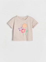 Bawełniany t-shirt z aplikacją 3d - wielobarwny. Koszulki dziewczęce Reserved, m, z aplikacjami, z bawełny, bez ramiączek. W wyprzedaży za 17.99 zł.