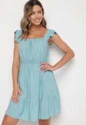Niebieska Sukienka z Wiskozą o Rozkloszowanym Kroju z Gumką w Pasie Lirimere. Niebieskie sukienki damskie Born2be, na co dzień, m, bez wzorów, z wiskozy, eleganckie, bez kołnierzyka, bez ramiączek, mini, rozkloszowane. W wyprzedaży za 43.99 zł.