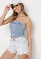 Niebieski Jeansowy Krótki Top Gorsetowy Efiloe. Niebieskie topy damskie Born2be, l, bez wzorów, z jeansu, bez kołnierzyka. Za 74.99 zł.
