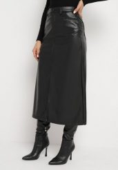 Czarna Trapezowa Spódnica Maxi z Ekoskóry i Rozcięciem Aramira. Czarne spódniczki damskie Born2be, s, bez wzorów, ze skóry, maxi, trapezowe. Za 64.99 zł.
