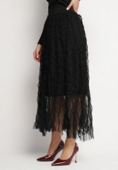 Czarna Rozkloszowana Spódnica z Półtransparentnego Materiału z Ozdobnym Tłoczeniem Zerivra. Czarne spódniczki damskie Born2be, l, bez wzorów, eleganckie, maxi, proste. Za 84.99 zł.